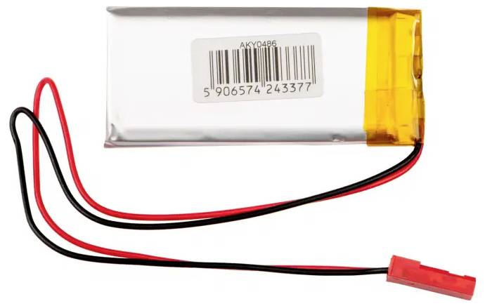 Ein rechteckiger Lithium-Ionen-Akku mit gelber Isolierung an einem Ende und zwei herausragenden Kabeln in Rot und Schwarz.