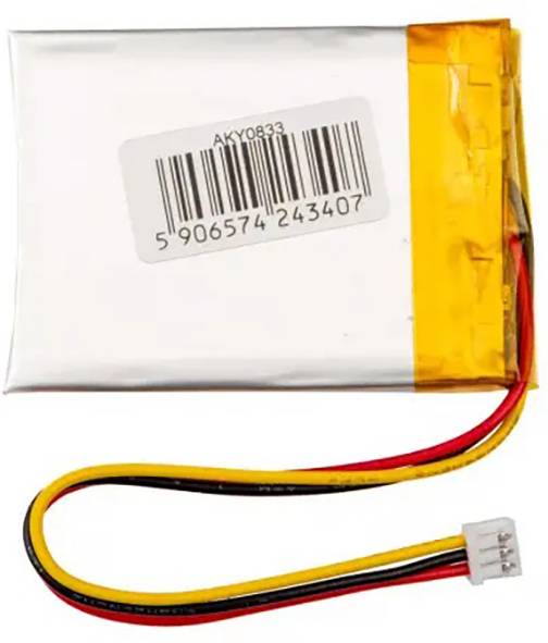 Ein rechteckiger Lithium-Polymer-Akku mit gelbem und silbernem Gehäuse, Barcode- Aufkleber und roten, schwarzen, gelben Drähten.