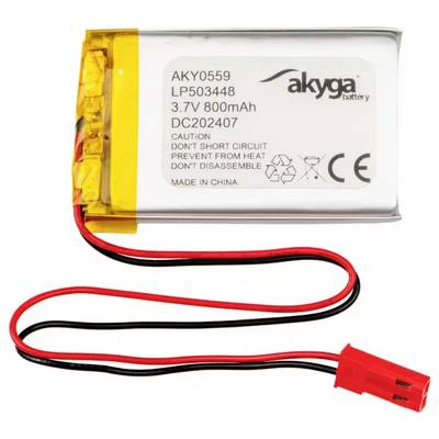 Akku mit rotem und schwarzem Kabel, 3,7V, 800mAh, Marke Akyga, Modellnummer LP503448. Warnung: Kurzschluss vermeiden, vor Hitze schützen.