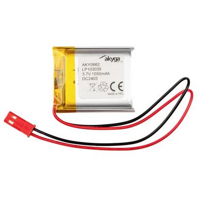 Kleiner rechteckiger Lithium-Polymer-Akku mit gelbem und silbernem Gehäuse, rotem und schwarzem Kabel und einem Anschlussstecker.