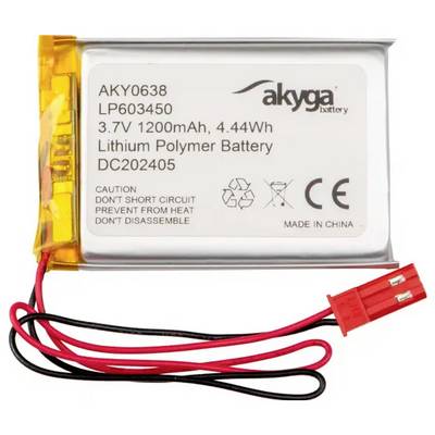 Ein rechteckiger Lithium-Polymer-Akku mit 1200mAh, 3,7V Spannung. Rote und schwarze Kabel mit Plastikstecker sind befestigt.
