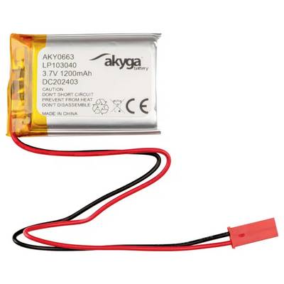 Lithium-Polymer-Akku von Akyga mit 3,7V und 1200mAh. Warnungen: Kurzschluss vermeiden, vor Hitze schützen, nicht zerlegen. Made in China.