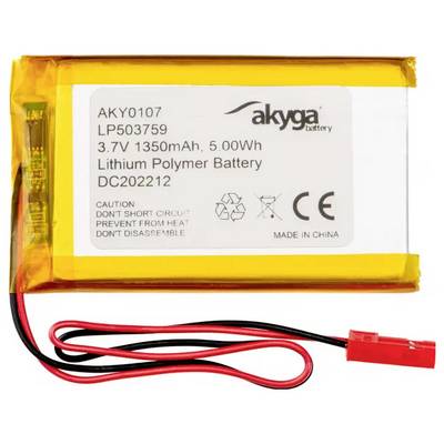Lithium-Polymer-Batterie mit 3,7V, 1350mAh und 5,00Wh. Warnung: Nicht kurzschließen, Feuer vermeiden, nicht zerlegen.