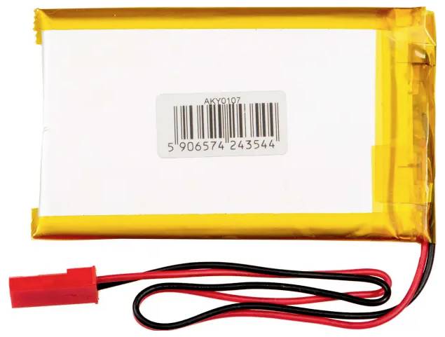 Rechteckige, weiße Lithium-Polymer-Batterie mit gelbem Rand und roten und schwarzen Anschlusskabeln auf weißem Hintergrund.