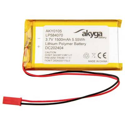 Lithium-Polymer-Akku von Akyga mit 1500mAh Kapazität bei 3,7V. Warnhinweis auf dem Akku: 'Nicht kurzschließen'.