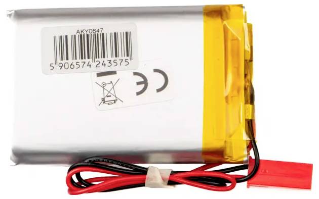 Ein rechteckiger Lithium-Polymer-Akku mit gelber Kante und einem roten Steckverbinder. Enthält Symbole für Recycling und CE-Zertifizierung.