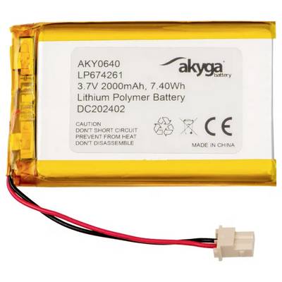 Lithium-Polymer-Batterie von Akyga, Modell AKY0640, 3,7 V, 2000 mAh, 7,40 Wh. Warnung: Keine Schaltkreise kurzschließen oder demontieren.