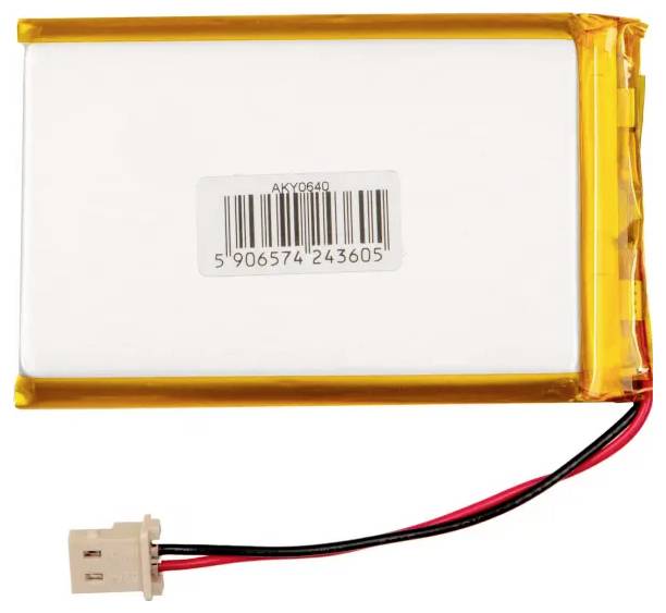 Rechteckiger Lithium-Polymer-Akku mit gelb-weißem Gehäuse. Zwei Kabel mit Steckverbindung ragen heraus.