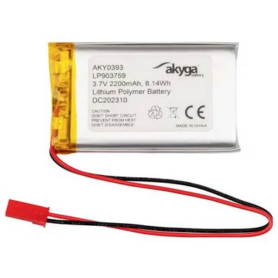 Ein Lithium-Polymer-Akku mit Kapazität von 2200mAh und 8,14Wh. Aufschrift warnt vor Kurzschluss und Hitze. Hergestellt in China.