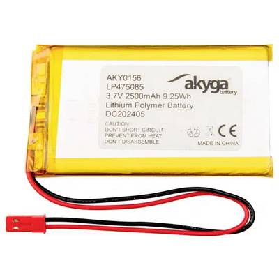 Lithium-Polymer-Akku von Akyga, Modellnummer AKY0156, 3,7V, 2500mAh. Warnhinweise: Nicht kurzschließen, vor Hitze schützen, nicht zerlegen.