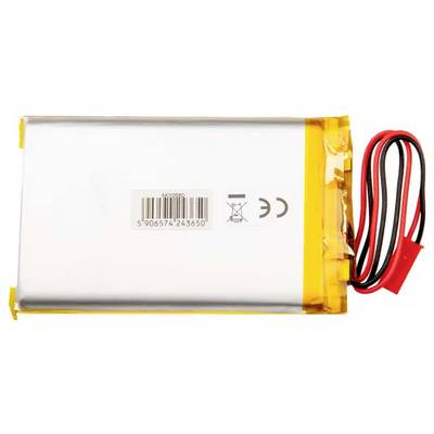 Rechteckiger Lithium-Ionen-Akku mit gelben Seiten und roten, schwarzen Drähten. Zeigt Symbole für Recycling und europäische Normen.