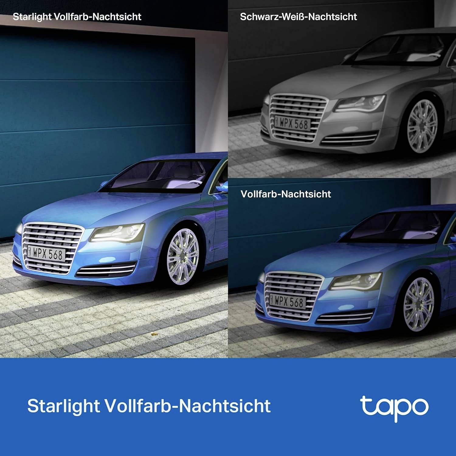 Drei Bilder eines Autos bei Nacht: Oben links in Farbe, oben rechts in Schwarz-Weiß, unten blau gefärbt. Beschriftung: 'Starlight Vollfarb-Nachtsicht'.
