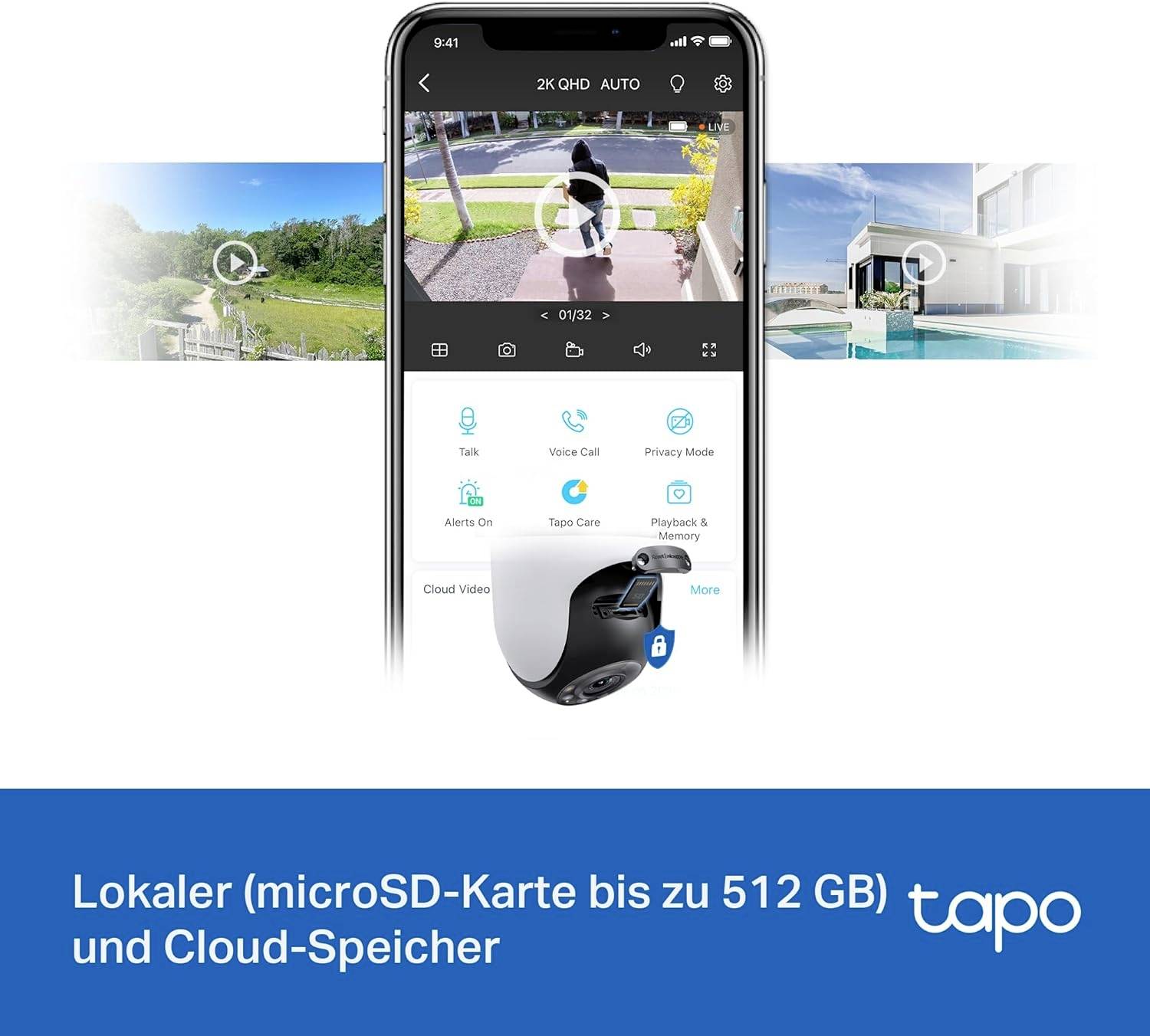 Ein Smartphone zeigt eine Überwachungskamera-App mit Live-Videoübertragung. Darunter steht 'Lokaler (microSD-Karte bis zu 512 GB) und Cloud-Speicher'.