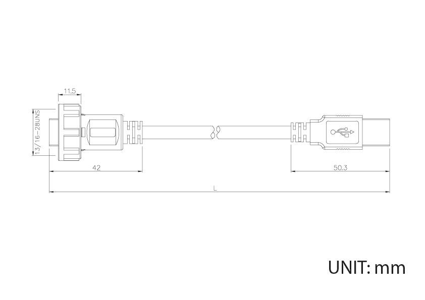 Technische Zeichnung eines USB-Kabels mit Abmessungen in Millimetern. Links ein Stecker, rechts die USB-Verbindung, Gesamtlänge 'L'.