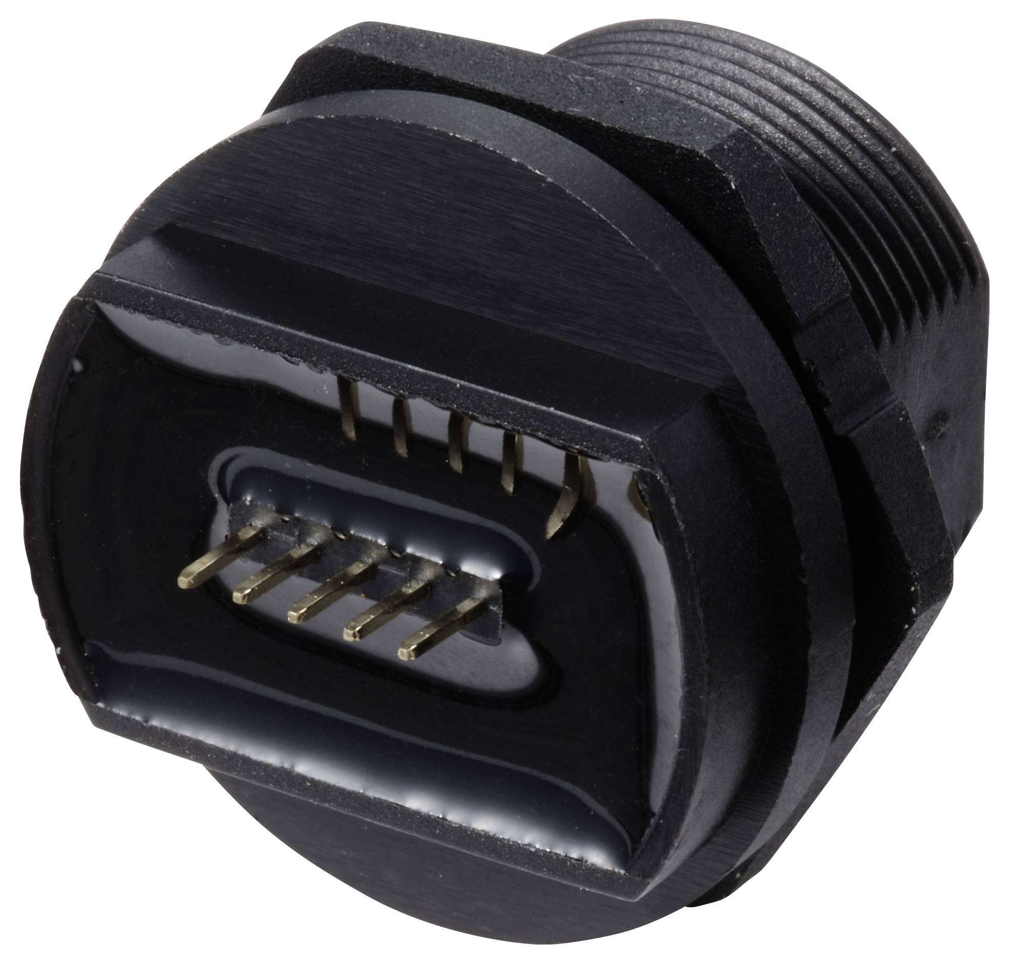 Ein schwarzer elektrischer Steckverbinder mit mehreren dünnen Metallstiften, die zur Signalübertragung dienen.