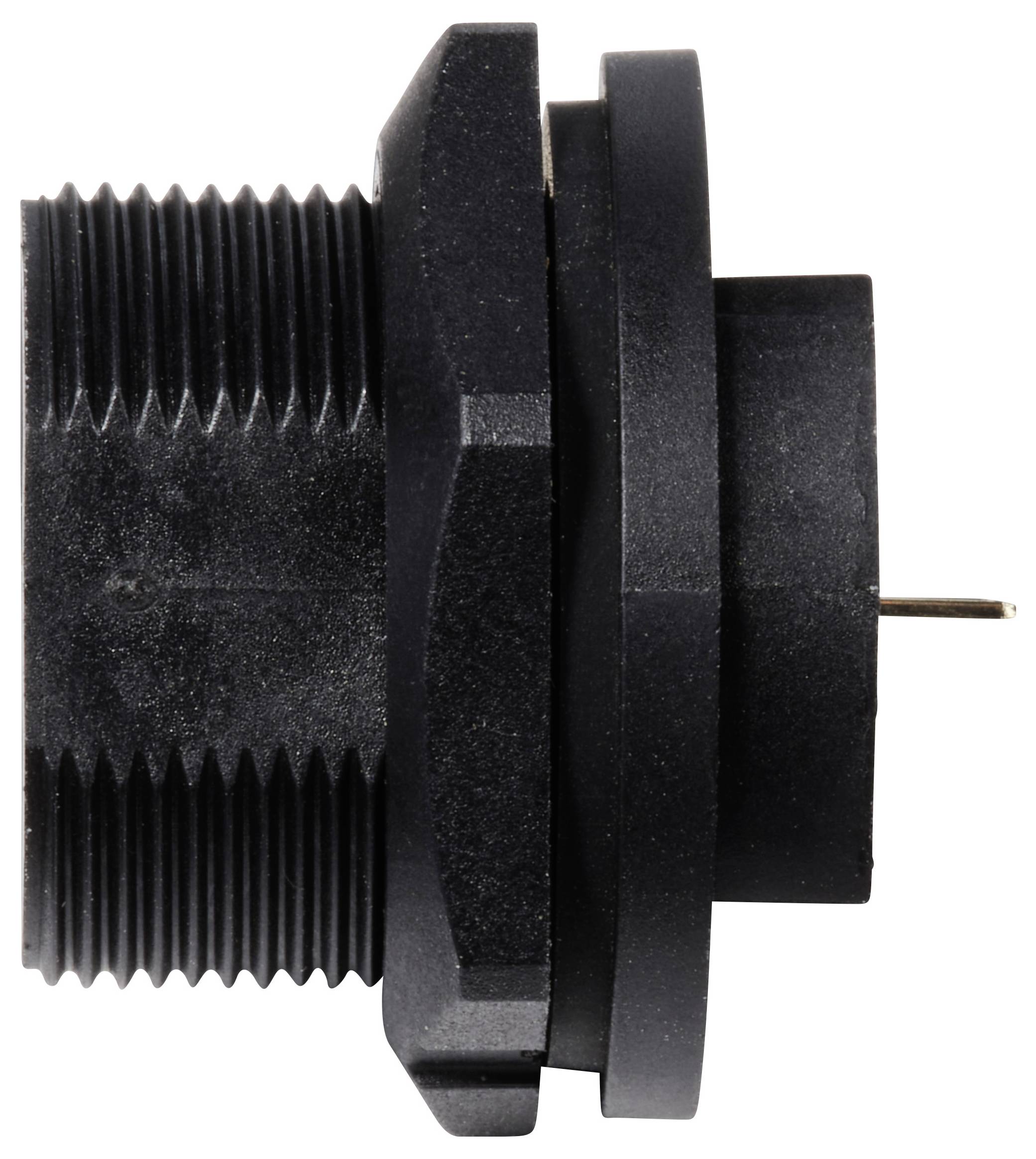 Schwarzer Kunststoffadapter mit Gewinde und hervorstehendem Stift, seitlich dargestellt.