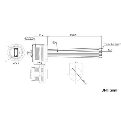 Technische Zeichnung eines USB-Anschlusses mit Maßen. Abmessungen: 21,4 mm Breite, 17,3 mm Höhe, Kabellänge 100+5 mm. Einheit: mm.