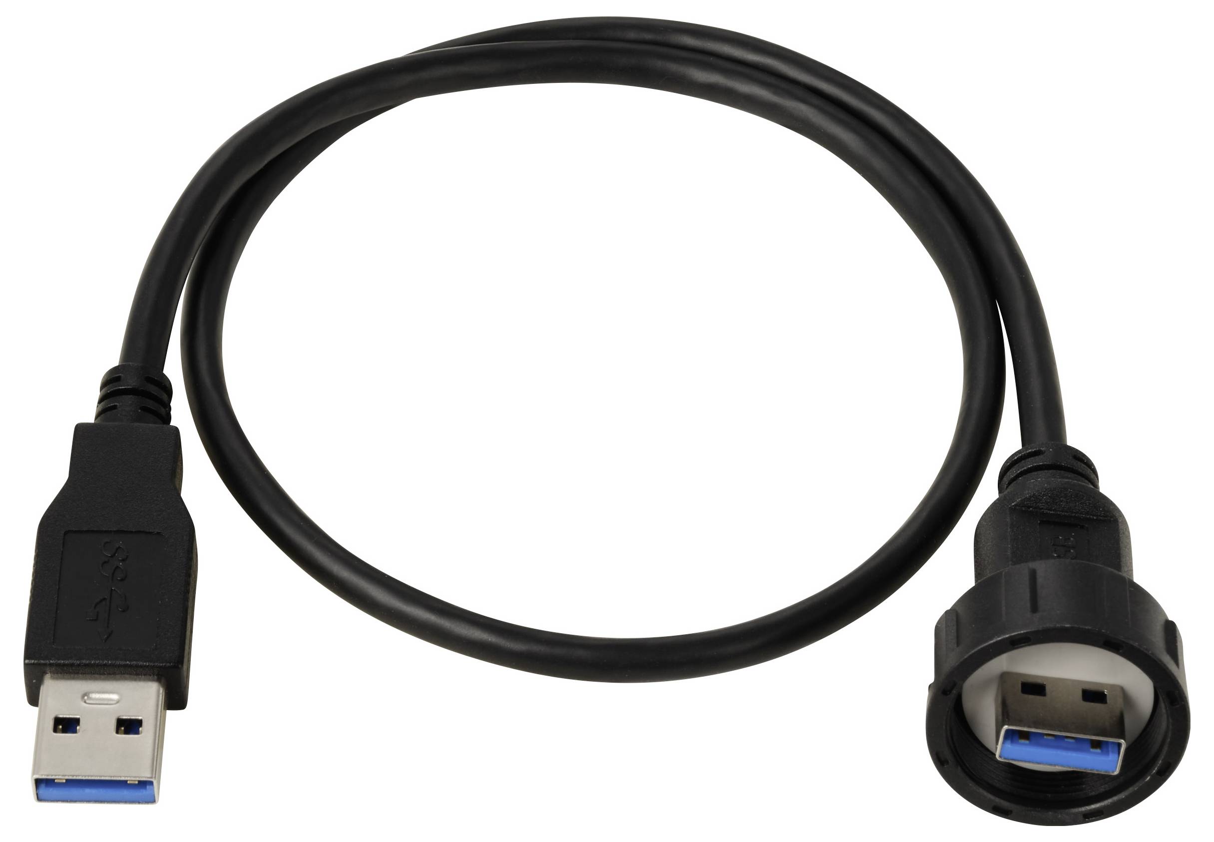 Ein schwarzes USB-Kabel liegt kreisförmig auf weißem Hintergrund, mit einem Stecker auf der linken Seite und einem runden Stecker auf der rechten Seite.