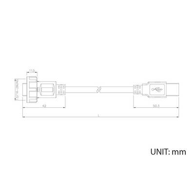 Technische Zeichnung eines USB-Kabels mit Maßen. Die Stecker sind detailliert dargestellt. Beschriftung 'UNIT: mm'.