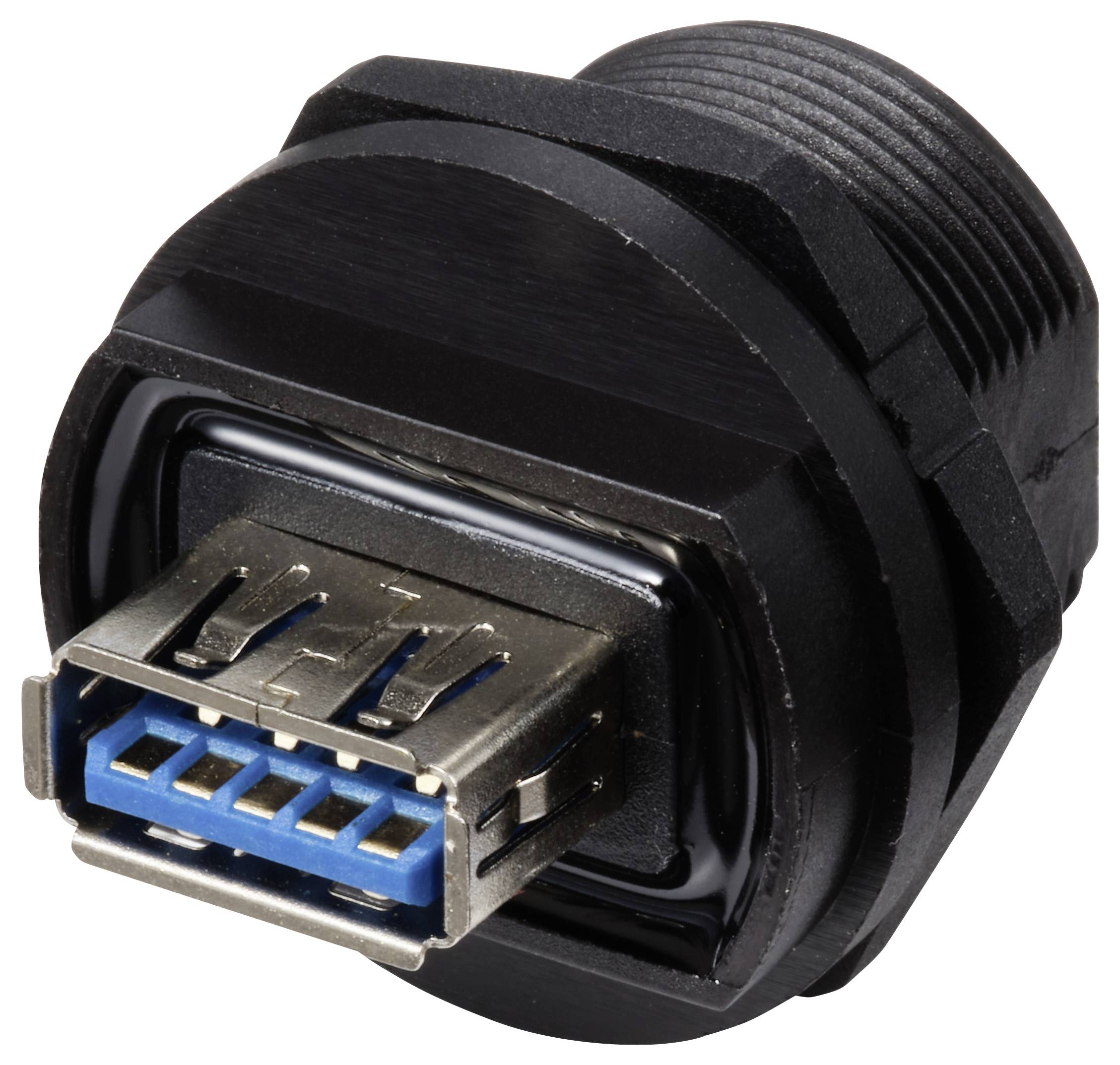 USB 3.0 Buchse, schwarz, für den Einbau, zeigt die blaue Innenseite für schnelle Datenübertragung, mit Gewinde für festes Anbringen.