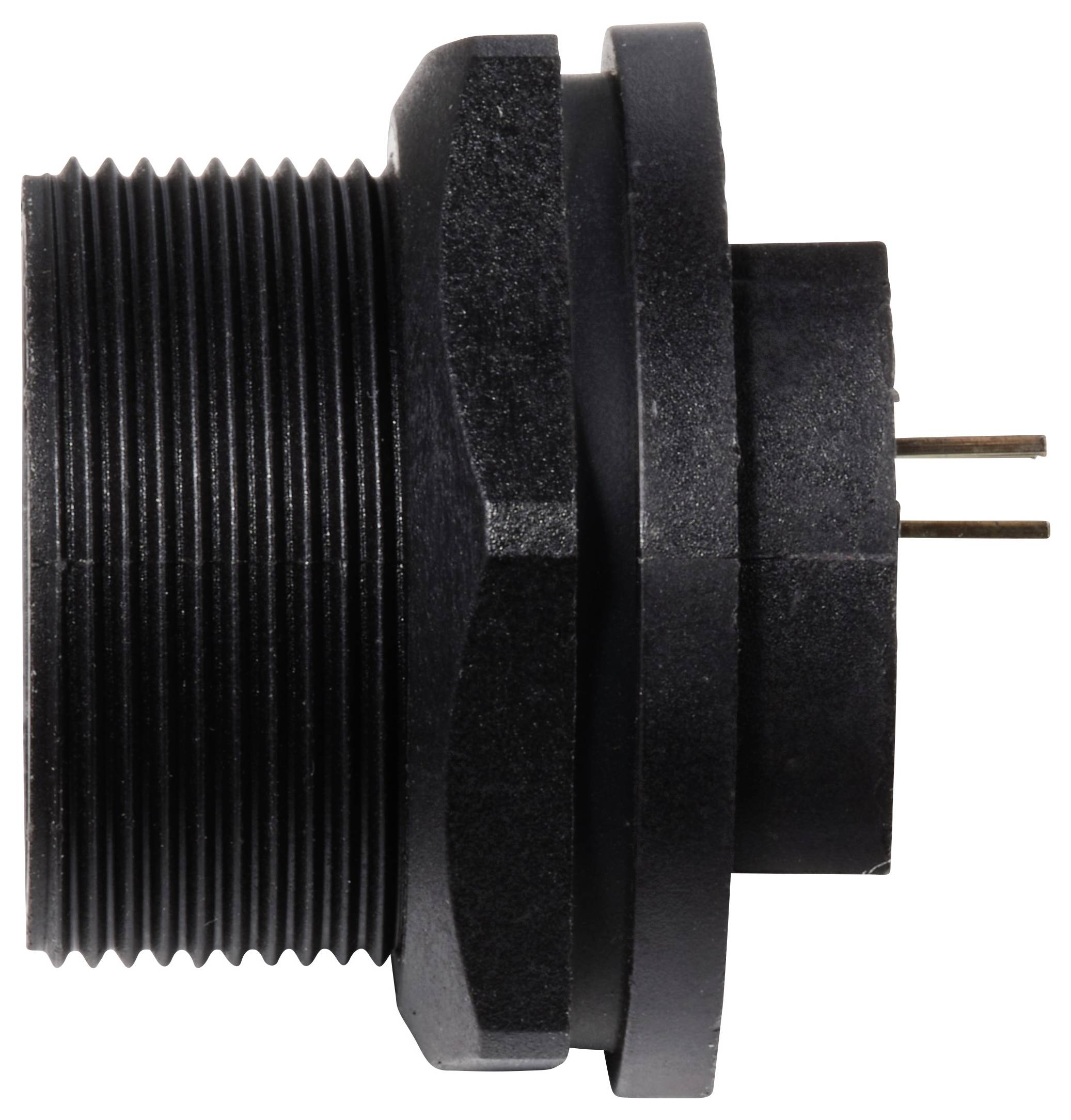 Schwarzer, zylindrischer Steckverbinder mit Gewinde und drei Metallstiften an der Seite, seitliche Profilansicht.