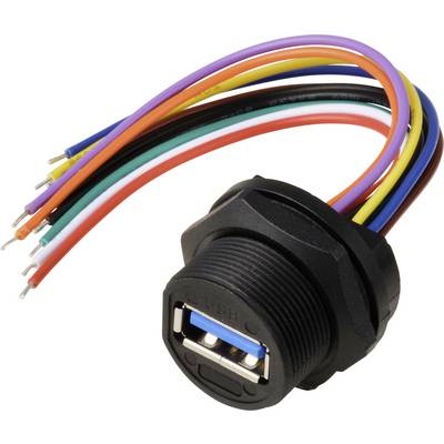 USB-Anschluss mit mehreren farbigen Kabeln zur Datenübertragung und Stromversorgung in elektronischen Geräten.
