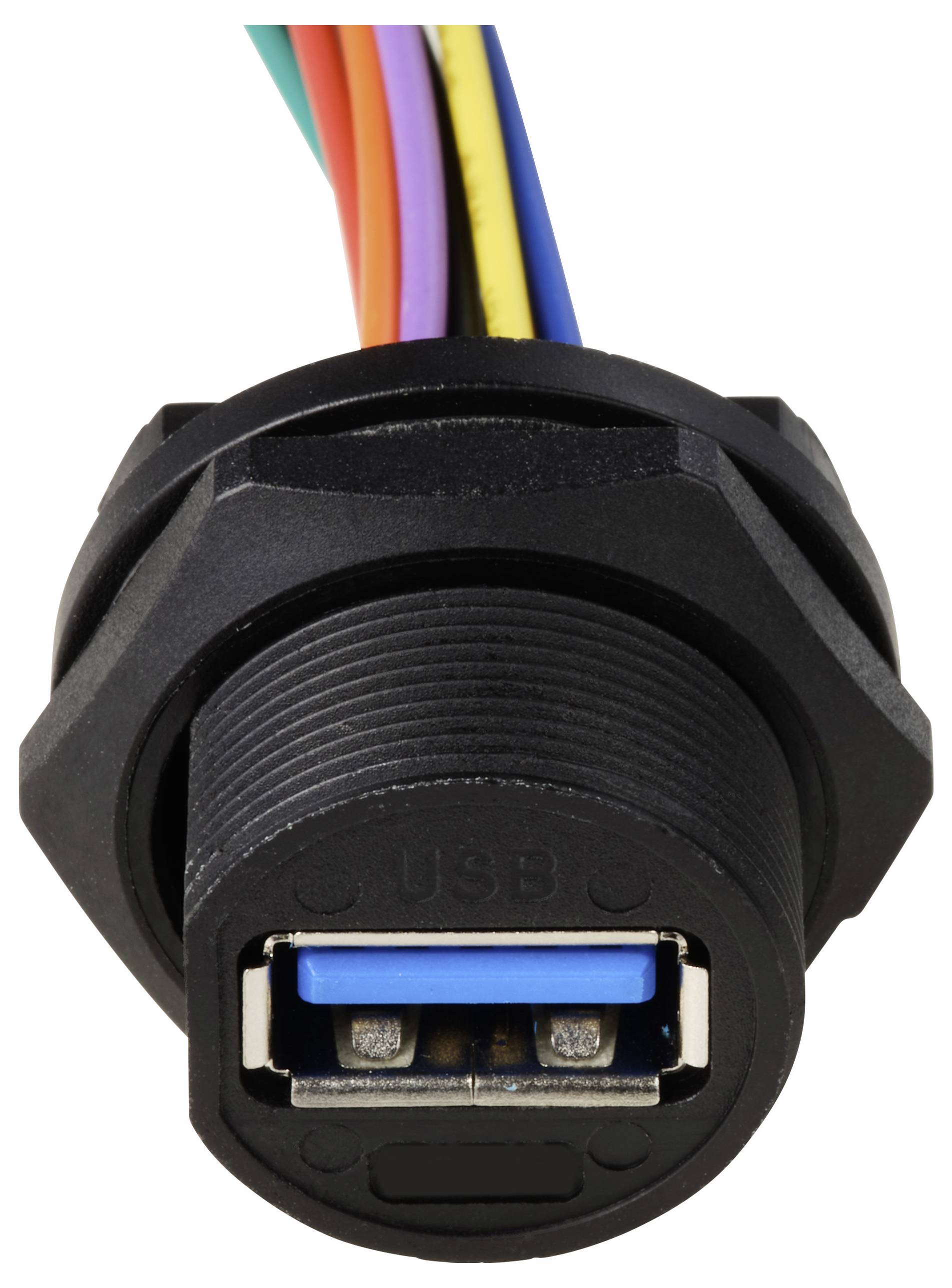 'Schwarze USB 3.0-Buchse mit farbigen Kabeln'