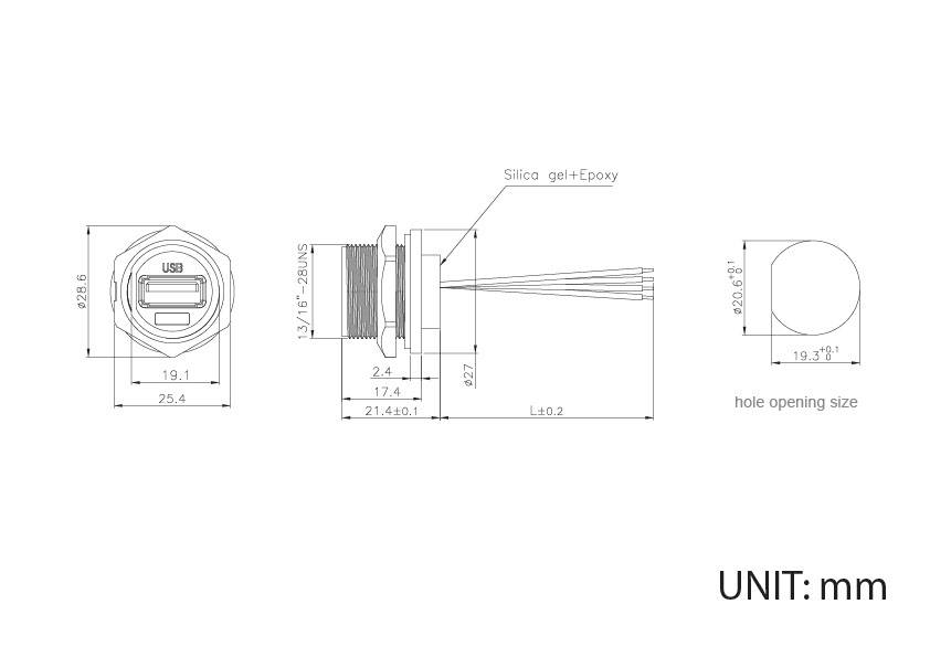Technische Zeichnung eines USB-Anschlusses mit Abmessungen: Frontansicht, Seitenansicht und Bohrungsgröße. Einheit: mm.