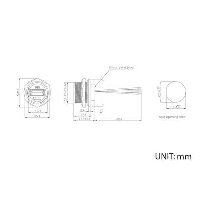 Technische Zeichnung eines USB-Anschlusses mit Abmessungen: Frontansicht, Seitenansicht und Bohrungsgröße. Einheit: mm.
