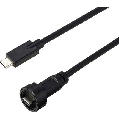 Ein schwarzes Kabel mit USB-C-Stecker und rundem Anschluss, geeignet für den Anschluss elektronischer Geräte an spezialisierte Hardware.