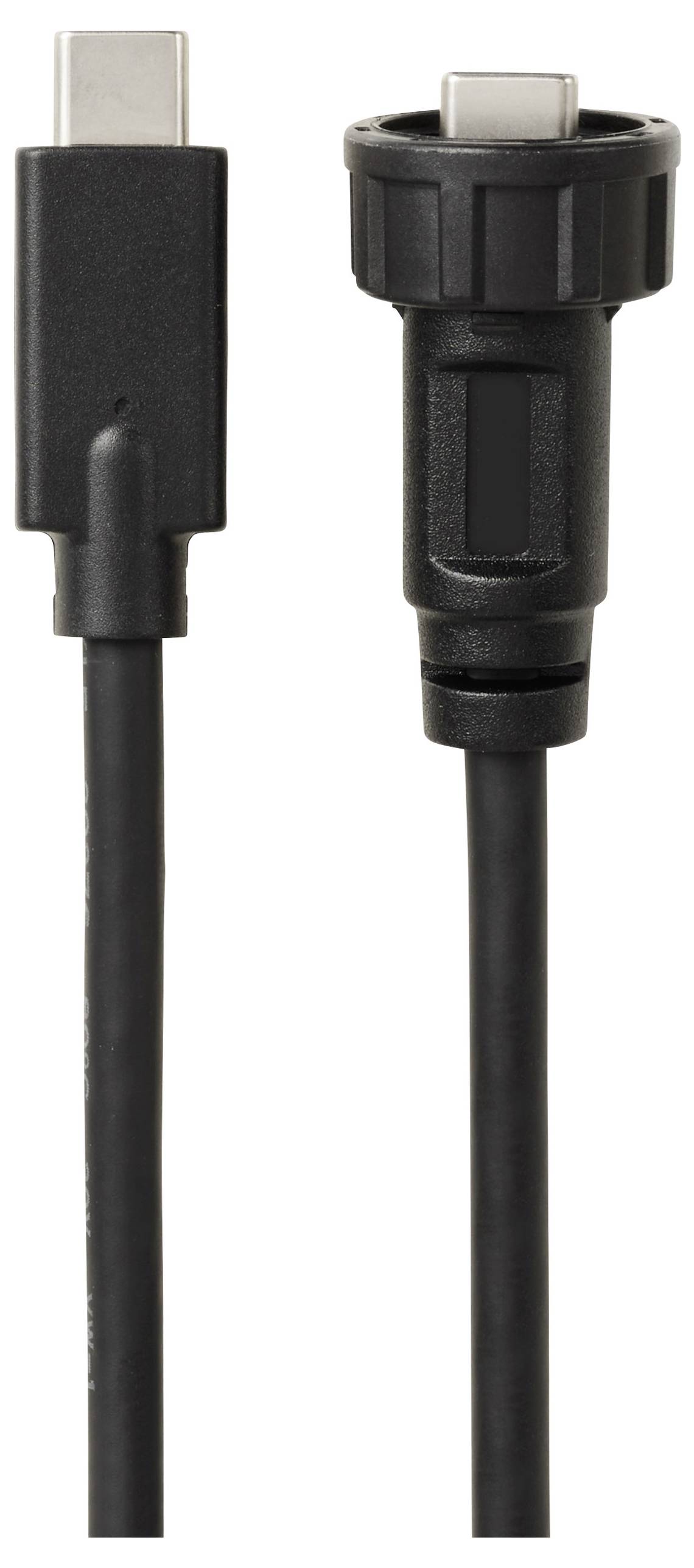 Zwei schwarze USB-C-Stecker nebeneinander, einer mit einer normalen Steckverbindung, der andere mit einer speziellen, robusten Hülle.