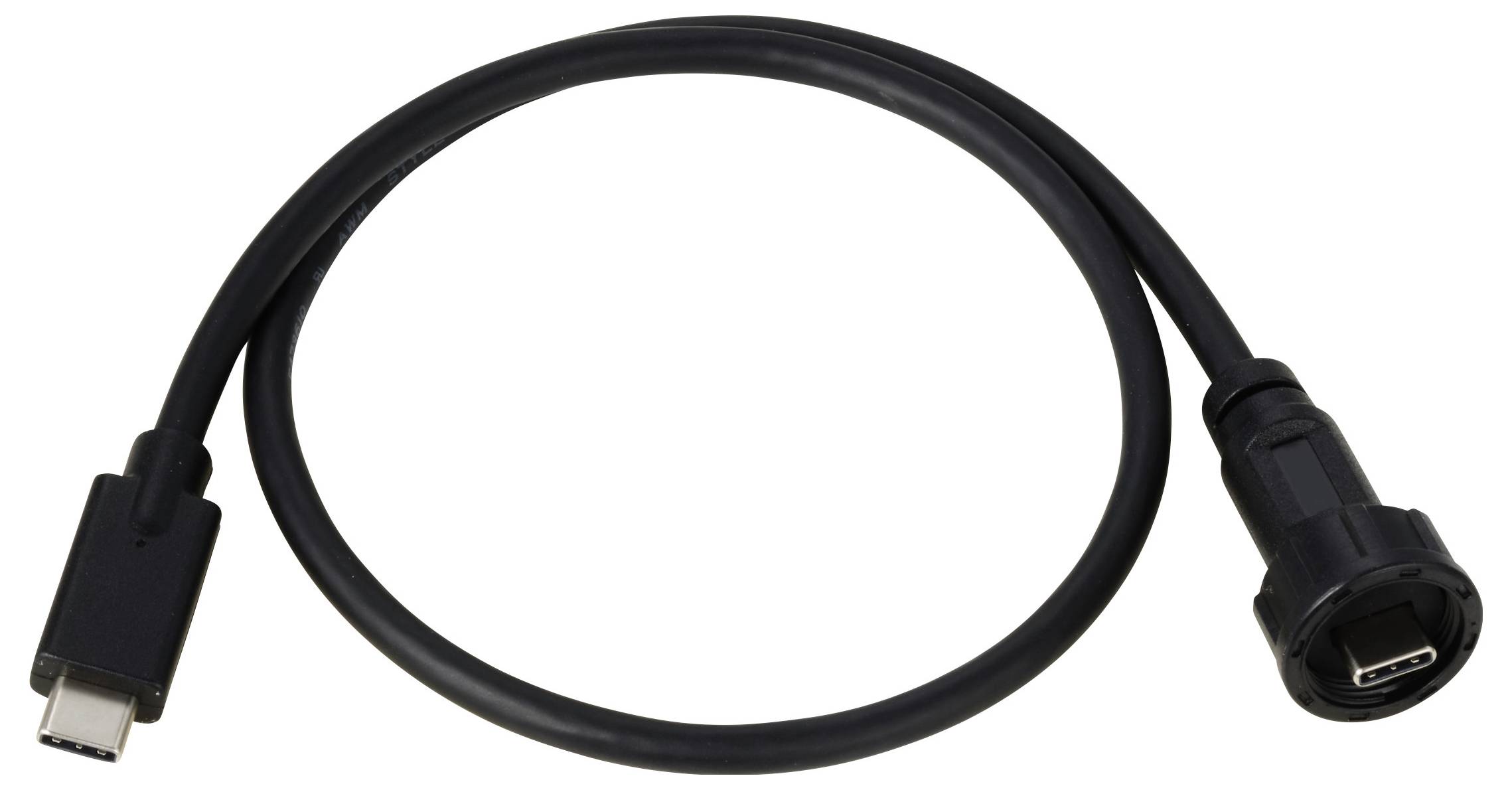 Ein schwarzes USB-C-Kabel, das zwei Steckertypen verbindet. Eines Ende ist ein Standard-USB-C-Stecker, das andere ein runder Anschluss.