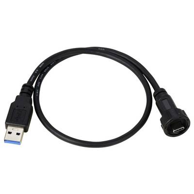 Ein schwarzes USB-Kabel mit einem USB-A-Stecker auf der linken Seite und einem USB-C-Stecker auf der rechten Seite.