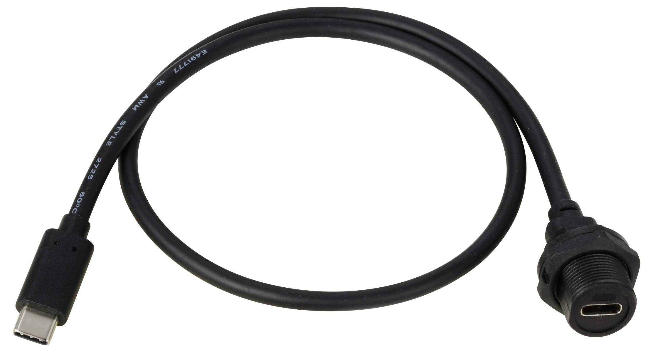 Ein schwarzes USB-C-Kabel mit einem Stecker an einem Ende und einem runden, verschraubbaren Anschluss am anderen Ende.