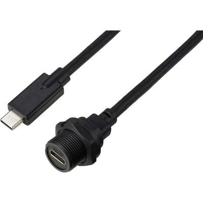 Ein schwarzes USB-C-Kabel mit einem Stecker und einer Buchse, geeignet für den Anschluss an Geräte mit USB-C-Anschluss.