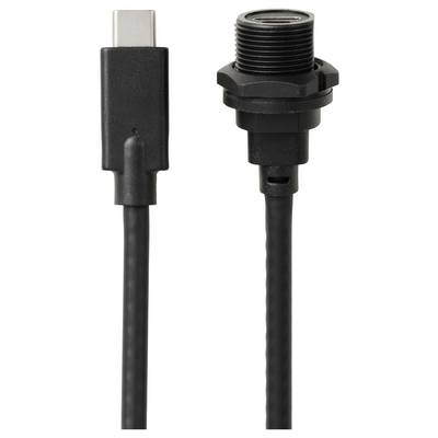 Ein schwarzes USB-C-Kabel mit Stecker links und einer verschraubten Buchse rechts, geeignet für robuste industrielle Anwendungen.