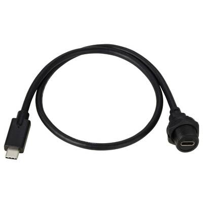 Schwarzes USB-C-Kabel mit männlichem und weiblichem Anschluss, geeignet für Lade- und Datenübertragungszwecke.