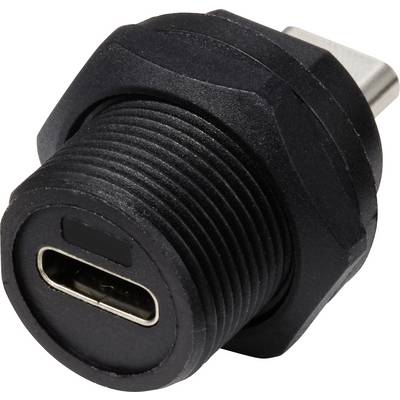 Ein schwarzer USB-C-Anschlussadapter mit einem runden, geriffelten Gehäuse, geeignet für den Einbau in Geräte oder Wandpaneele.