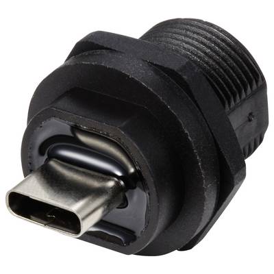 Ein schwarzer USB-C-Stecker mit Gewinde für Paneelmontage, zeigt die Vorderseite mit der Kupplung für eine Kabelverbindung.