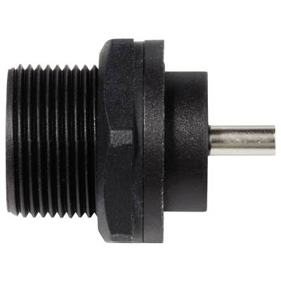 'Schwarz-grauer zylindrischer Sensor oder Stecker mit Gewinde und Metallstift für industrielle Anwendungen.'