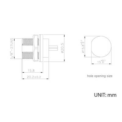 Diagramm mit Abmessungen eines zylindrischen Steckverbinders. Zeigt Durchmesser von 20,5 mm und 15,8 mm, Gewinde 5/8''-27UNS.