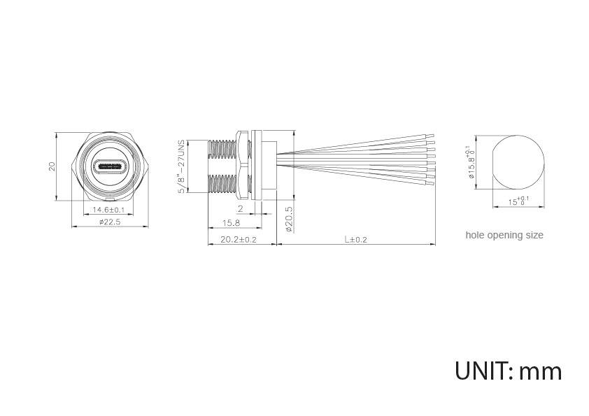 Zeichnung eines USB-C-Anschlusses mit Maßen in Millimetern, inklusive Durchmesser, Gewindelänge, und Lochgröße für Montagezwecke.