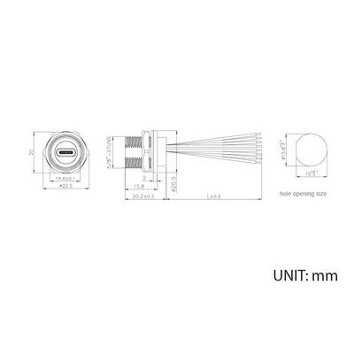 Zeichnung eines USB-C-Anschlusses mit Maßen in Millimetern, inklusive Durchmesser, Gewindelänge, und Lochgröße für Montagezwecke.