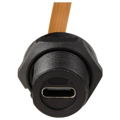 Ein schwarzer USB-C-Anschluss mit einem orangefarbenen Kabel, das hinten befestigt ist.