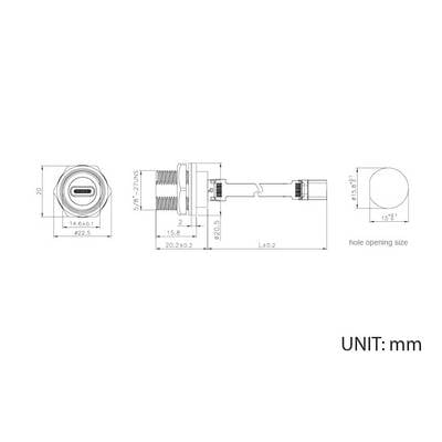 Technische Zeichnung eines USB-C-Anschlusses mit Abmessungen in Millimetern, zeigt Front-, Seiten- und Draufsicht sowie Lochgröße.