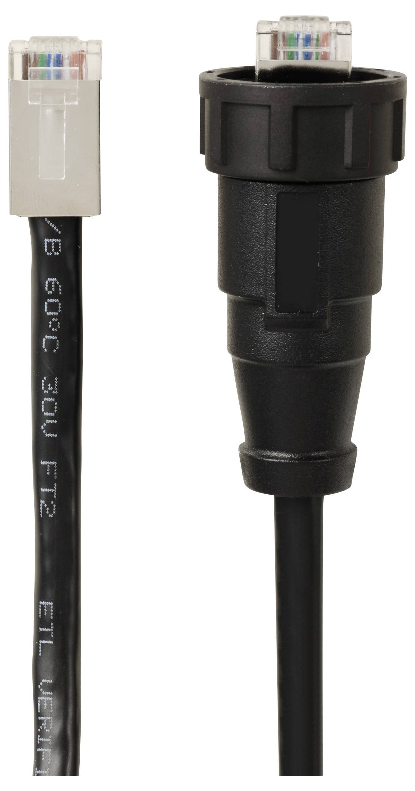 'Zwei Arten von Kabelsteckern: Links ein RJ45-Stecker, rechts ein robuster Steckverbinder. Beide sind für Netzwerkanwendungen geeignet.'