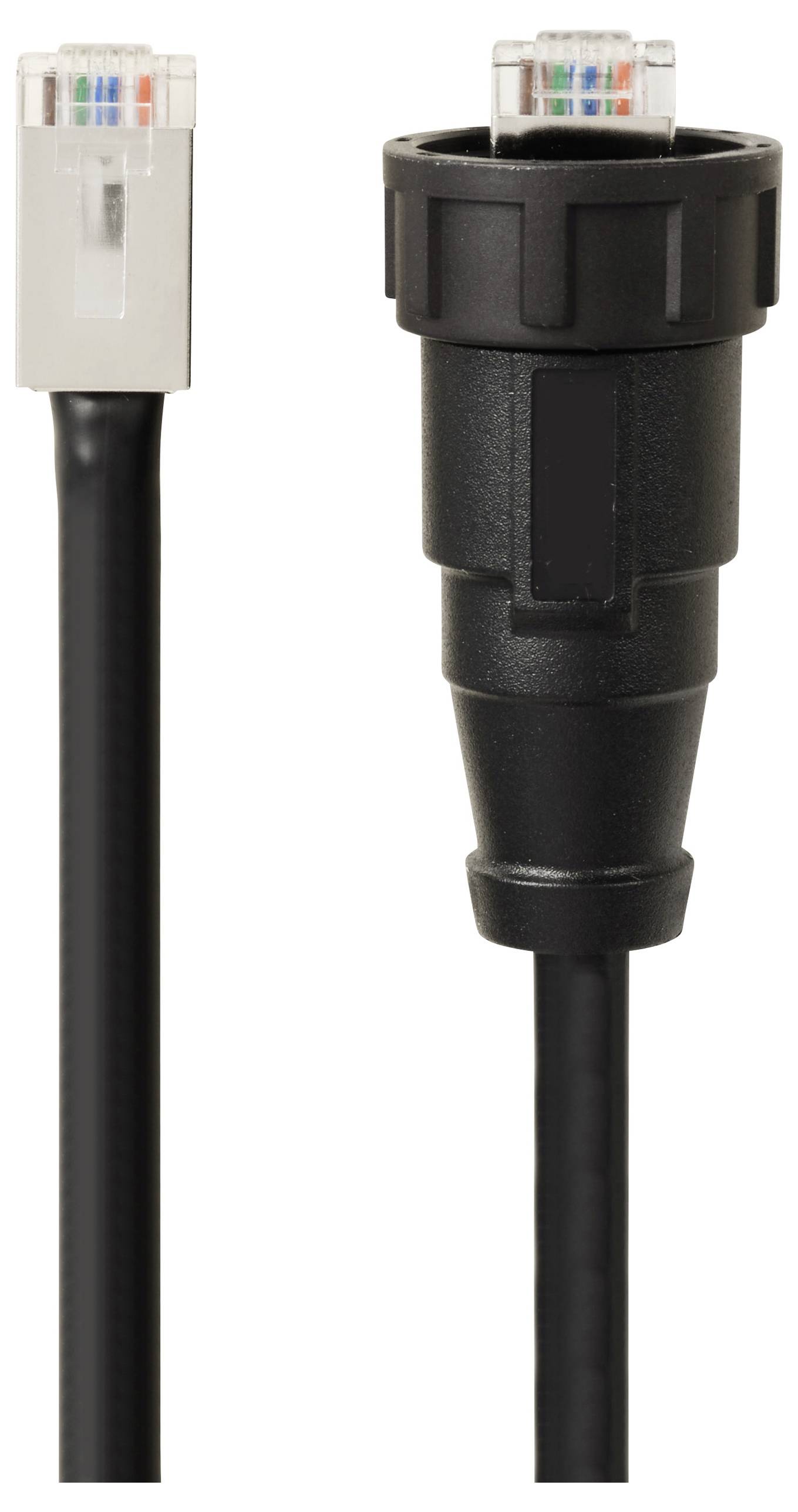 'RJ45-Stecker': Links Standard-RJ45-Stecker mit farbigen Kabeln, rechts abgedichteter, wetterfester RJ45-Stecker zum Schutz.