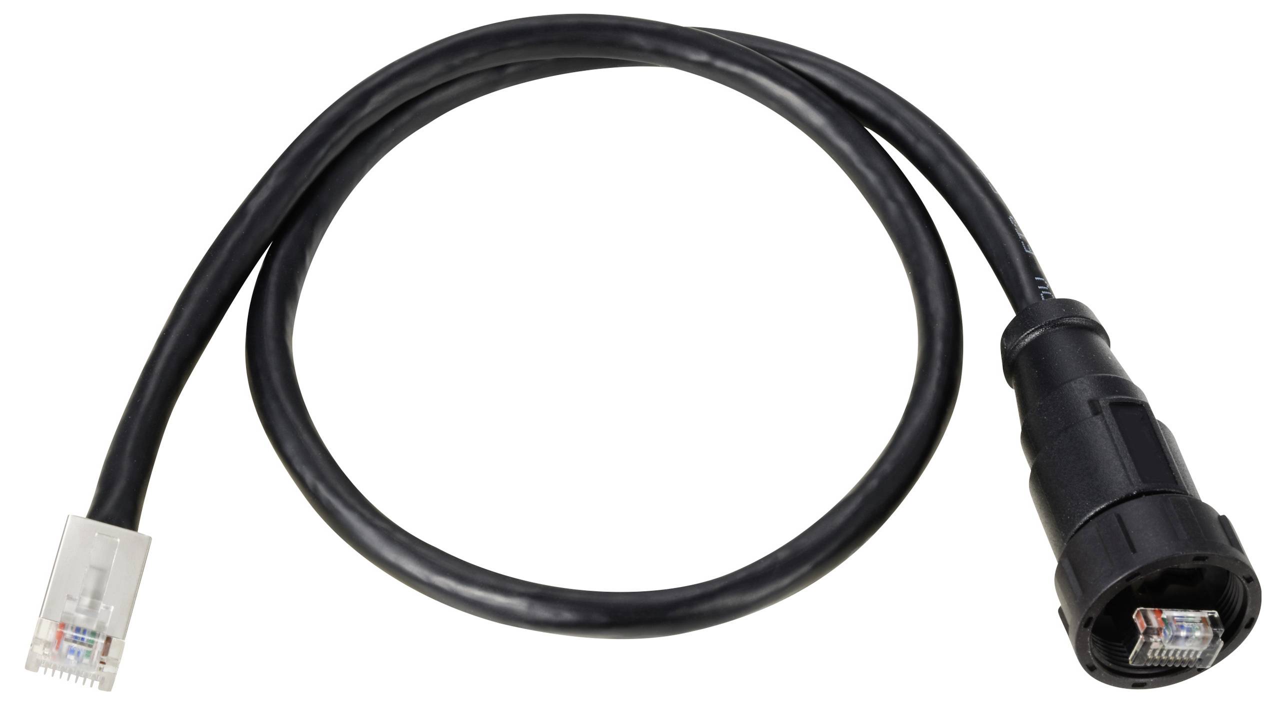 Schwarzes Ethernet-Kabel mit RJ45-Stecker auf der einen und einem robusten runden Stecker auf der anderen Seite. Geeignet für Netzwerkverbindungen.
