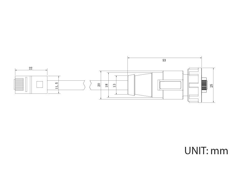 Technische Zeichnung eines Steckverbinders mit Maßen: 22 mm Breite, 53 mm Länge, 25 mm Höhe. Einheit in Millimetern.