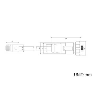 Technische Zeichnung eines Steckverbinders mit Maßen: 22 mm Breite, 53 mm Länge, 25 mm Höhe. Einheit in Millimetern.